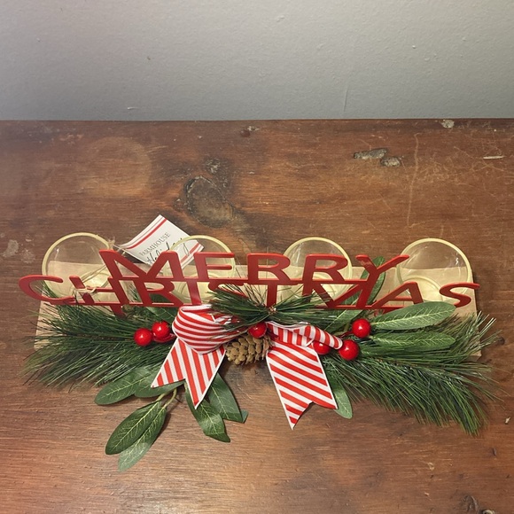 NWT- Red Metal MERRY CHRISTMAS- 4 Tier Wooden Glass LED Candle Holder Decoration - Picture 9 of 17